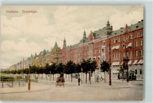 Stockholm 1908 Strandvägen Straßenbahn Litfaßsäule AK