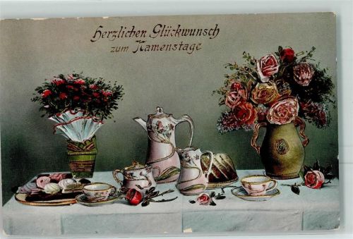 1914 Namenstag Kaffeetafel Rosen Kaffeekanne Gold Prägedruck