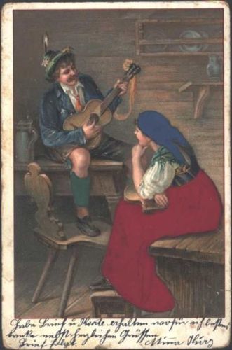1901 AK mit Stoff Prägedruck Tracht Gitarre AK
