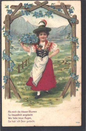 1907 AK mit Stoff Prägedruck Vergissmeinnicht Tracht AK