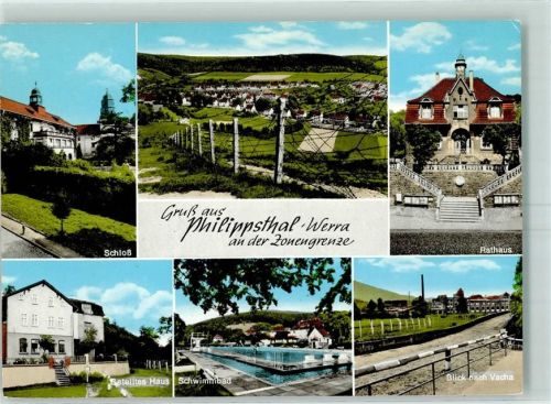 Philippsthal Schloss Rathaus Geteiltes Haus Schwimmbad Blick nach Vacha