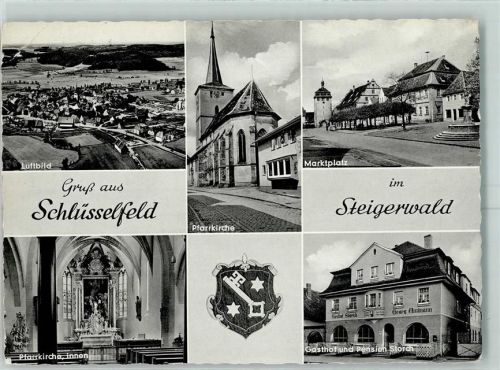 Schlüsselfeld Fliegeraufnahme Marktplatz Pfarrkirche Innanansicht Altarblick Wappen Gasthaus Pension Storch