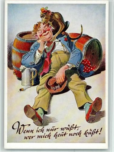 Betrunkener wird vom Affen geküsst Bierkrug
