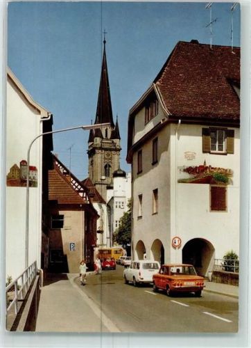 Radolfzell Obertor Fahrradfahrer Oldtimer Kirchturm Fassadenbemalung