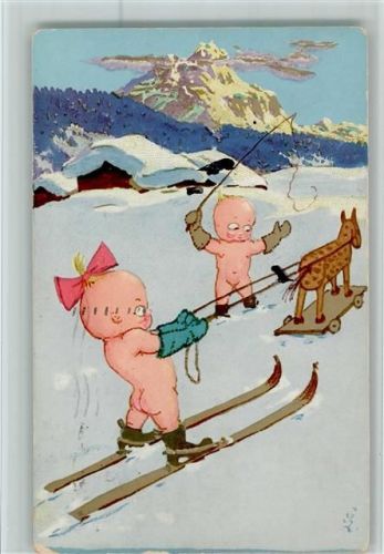 1917 Karikatur - Babys auf Ski AK Stempelspur