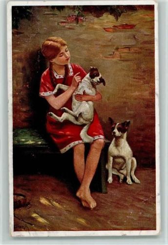 Mädchen mit zwei Hunde - Hundemütterchen von E. Frank