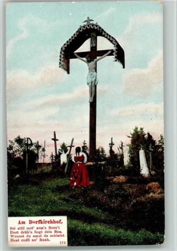 Serie 830 Friedhof mit einem , Frau im Gebet am Dorfkirchhof Flurkreuz / Marterl 1900