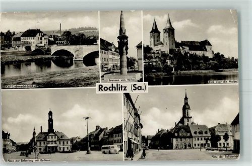 Rochlitz Karl-Liebknecht-Brücke Brunnen von Wrba Mulde Platz der Befreiung Rathaus Platz der Solidarität Fahnenstange Leiterwagen Oldtimer-Bus
