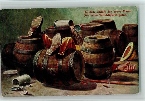 sign Kraus - Trinker schläft bei den Bierfässern AK