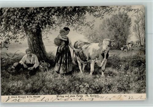 Mittag auf dem Felde - Landwirtschaft , Bauern, Kühe AK