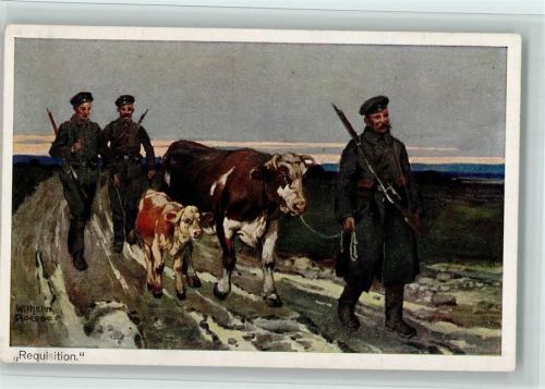 Soldaten führen Kuh und Kalb an der Leine AK