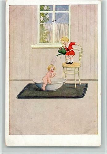 1929 Humor - Baby in der Badewanne, Kind mit Gießkanne AK