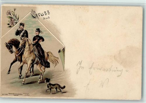 1900 Gruss aus - Lithographie - Ausritt, Frauensitz - Soldatenliebe