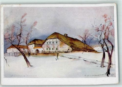 Dimbach Dreiseitenhof Winter Baum sign. E.A. V. Mandelstor Kartenfolge 1 Bauernhausformen