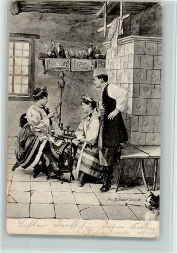 1902 Scolik Wien - Frauen am Spinnrad - Schweizer Trachten