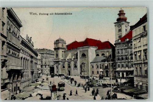 Wien Freiung Schottenkirche Litfaßsäule Straßenbahn Bauzaun Werbung Kutsche Pferd Marktszene