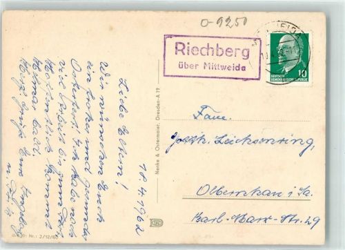 Mittweida Landpoststempel Riechberg Ostern Glückwunsch Tulpen Blumen in Vase