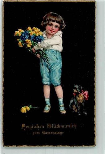 1924 Kind Blumen Hund AK