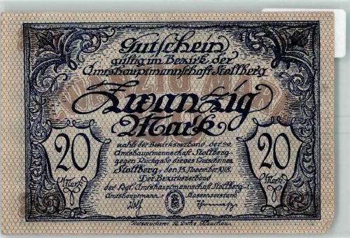 Stollberg 1918 Gutschein Zwanzig Mark Wappen KEINE AK