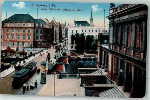 Königsberg 1916 Grüne Brücke mit Aufgang zur Börse Straßenbahn Litfaßsäule