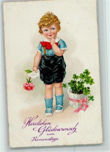 1931 1088 Kind mit einem Blumentopf u. Brief als Gratulant AK