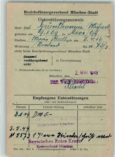 München 1949 Unterstützungsausweis Bezirksfürsorgeverband