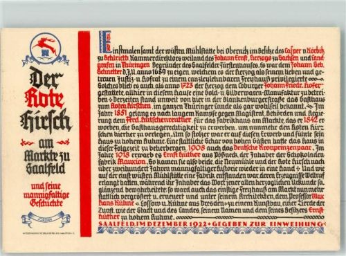 Saalfeld 1922 Gasthaus Der Rote Hirsch Chronik zur Einweihung