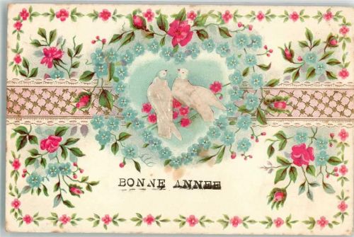 1900 mit echt Stoff Applikation Rosen Vergissmeinnicht