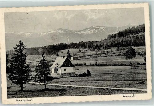 Kiesewald 1933 mit Riesengebirge Hüttenstempel Felsbaude