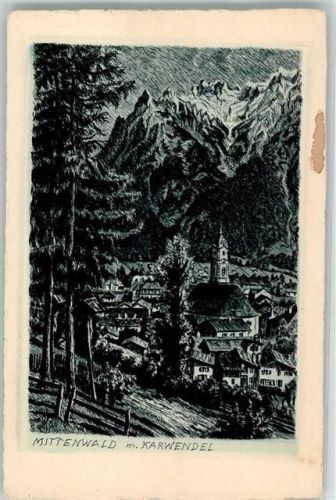 W8102 Mittenwald mit dem Karwendelgebirge Radierung Prägedruck