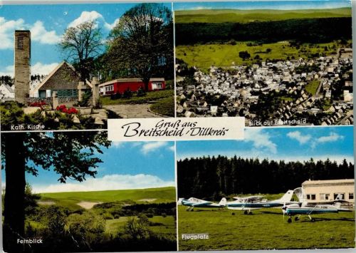 35767 W6349 Breitscheid , Hess - Kath. Kirche Blick auf Breitscheid Fernblick Flugplatz 4-Bildaufnahme