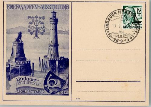 Lindau 1947 Biefmarken-Ausstellung Lindauer Herbstwoche Hafeneinfahrt Löwe Leuchtturm
