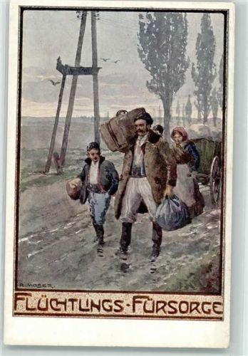 Fürsorge sign. Moser R. Familie auf der Flucht Flüchtling Künstlerkarte