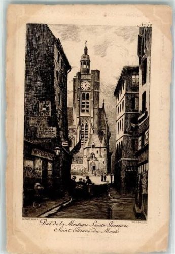 Paris Rue de la Montagne Sainte Geneviese Saint Etienne du Mont Radierung Prägedruck
