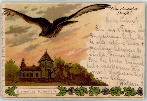 1903 Ruhestätte Lithographie Eichenlaub und Adler mit Krone AK