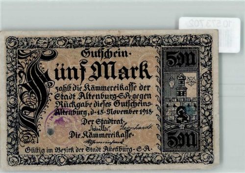 Altenburg 1918 Notgeldschein Fünf Mark Hand Turm Rosenranken Schloss Altenburg KEINE AK