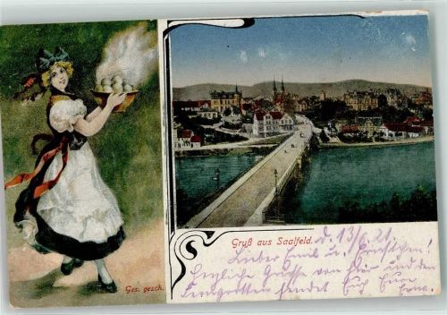 Saalfeld Saale--Brücke Kellnerin in Tracht Knödelschale Bahnpoststempel