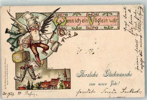 1899 Lithographie Gnomenpostkarte Nr. 4 Grom als Vogel Verlag Schick Freiburg Neujahr