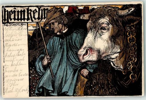 1900 Heimkehr Bauer Kuh