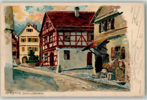 Marbach 1905 Lithographie Künstlerkarte Schillerhaus sign. Bergen,Fritz
