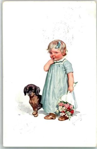 1910 Brüder Kohn Serie 716-6 sign. Feiertag, Karl Kind mit Blumen und Hund