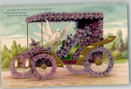 1907 Automobil aus Veilchen weiße Tauben Poesie / Liebe