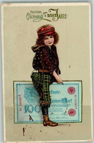 1906 - 1912 Prägedruck Neujahr Kind mit Golddruck