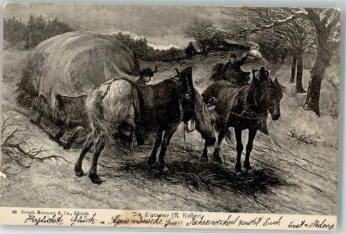 1900 - 1905 sign. R. Koller Tiergespann mit Schlitten Landwirtschaft