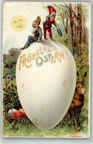 1898 sign. Koch Zwei Zwerge mit Fernrohr auf einem Riesenei Ostern Hase