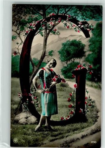 1930 Buchstabe G Frau mit Rosen handcoloriert Verlag NPG Serie 1990