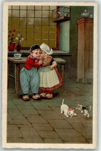 1920 - 1930 Hollandkinder Tracht Pfeife Katze Vogelkäfig an der Wand
