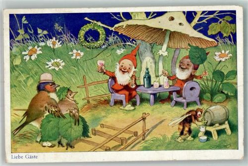 1937 Zwerge bekommen von Vogelpärchen Besuch Pilz Tiere vermenschlicht Künstlerkarte Verlag Oppel & Hess Nr. 1457/2 Leim löst sich