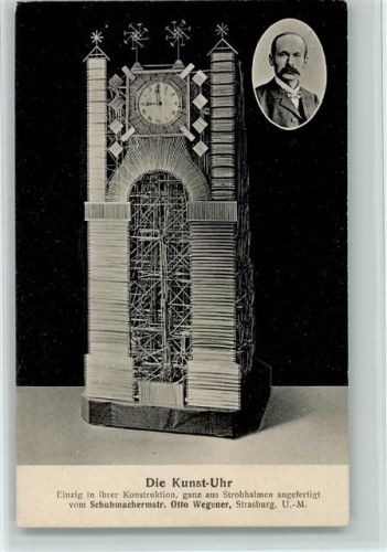 Kunst-Uhr aus Strohhalmen 1907 AK