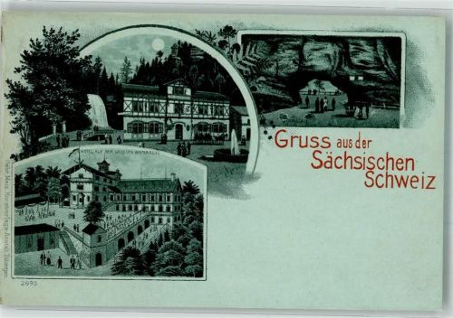 Schmilka Lithographie Hotel auf dem großen Winterberg Mondschein